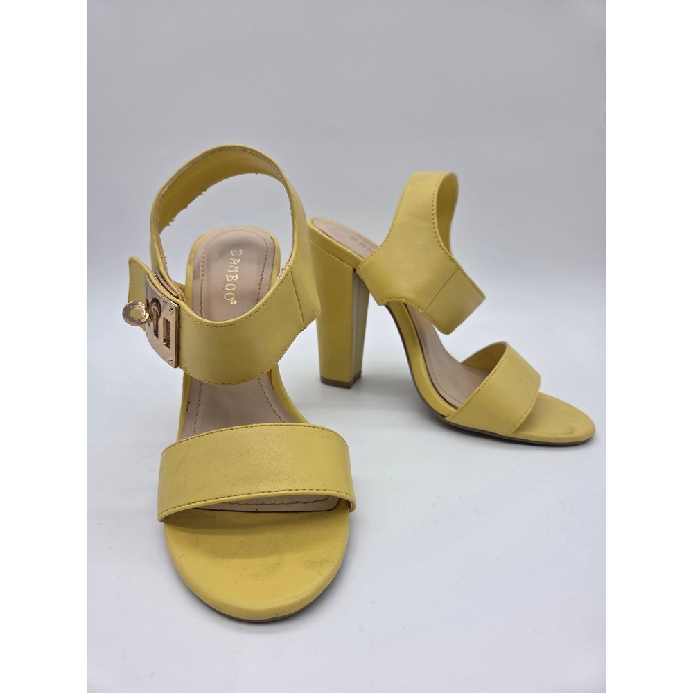 Womens‎ Block Heel Sandals 7 Yellow Good Buckle Ankle Strap Bamboo
